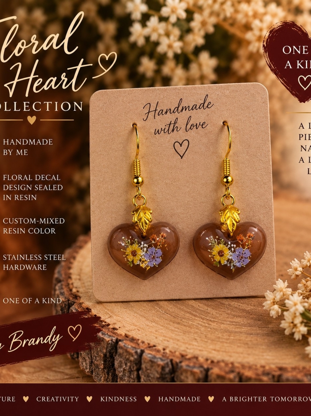 Handmade Brown Floral Resin Heart Earrings Gold Tone One of a Kind